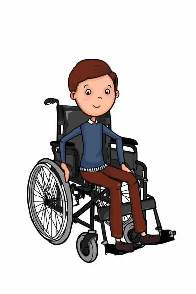 Wheelchair Illustration Drawing Sitting Cute Cartoon Characters Boy White Background — Stock Photo, Image