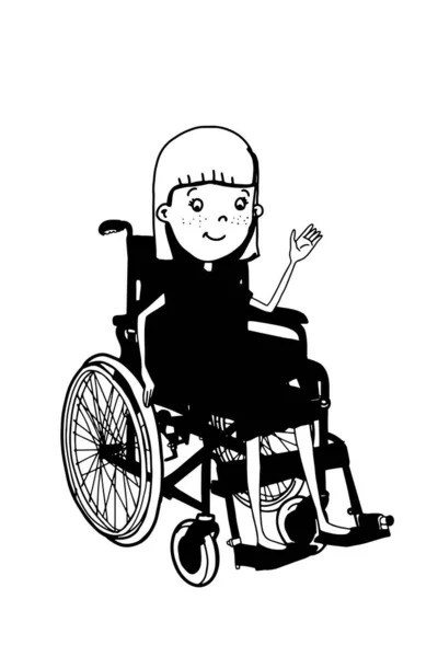 Ilustracja Wózka Inwalidzkiego Rysunek Siedzeniu Cute Postaci Kreskówek Dziewczyna Czarne — Zdjęcie stockowe