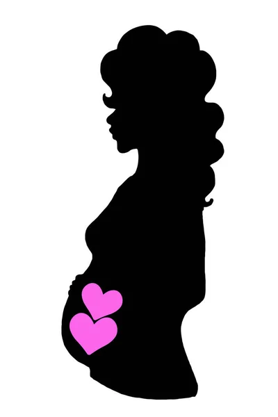 Cartoon Pregnat Woman Half Body Girl Twin Babies Pink Hearts — Stock Photo, Image