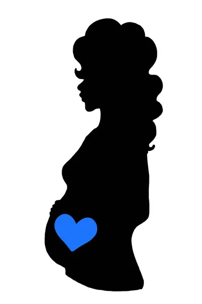 Cartoon Pregnat Woman Half Body Boy Baby Blue Heart Silhouette — Stock Photo, Image