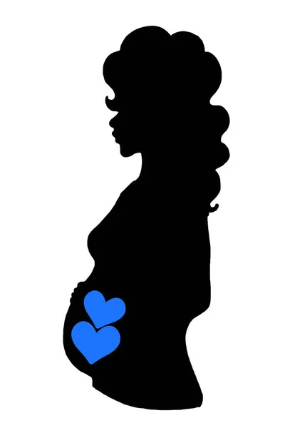 Cartoon Pregnat Woman Half Body Boy Twin Babies Blue Hearts — Stock Photo, Image