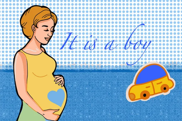 Cartoon Pregnant Woman Half Body Silhouette Greeting Card Blue Polka — стоковое фото