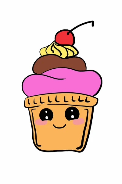 Cup Cake Cartoon Kawaii Face Illustration Drawing — Stock Photo, Image