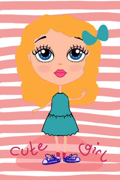 可爱的 甜美的 卡通人物的 少女公主的画图 粉红线背景 — 图库照片