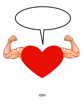 Kırmızı kalp, güçlü kollar, konuşma balonu, illüstrasyon.
