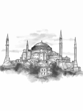 Ayasofya Müzesi - Türkiye 'deki Ayasofya İllüstrasyon ve yazı grisi suluboya