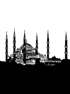 Mavi Cami Sultanahmet Camii Türkiye İstanbul illüstrasyonu, siyah beyaz renkler