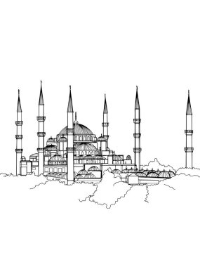 Mavi Cami Sultanahmet Camii Türkiye İstanbul illüstrasyonu, çizgi çizimi