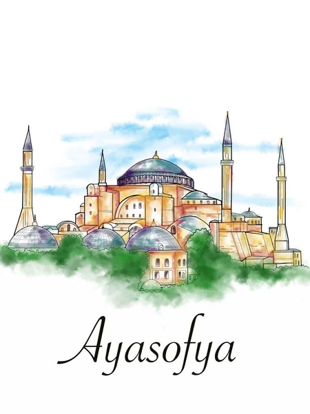 ハギアソフィア トルコのAyasofya博物館のイラストとテキストの水彩画 — ストック写真