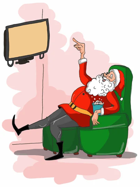 Komik Noel Baba Televizyon Izleyen Karakterler Pembe Arkaplan Çizimleri — Stok fotoğraf