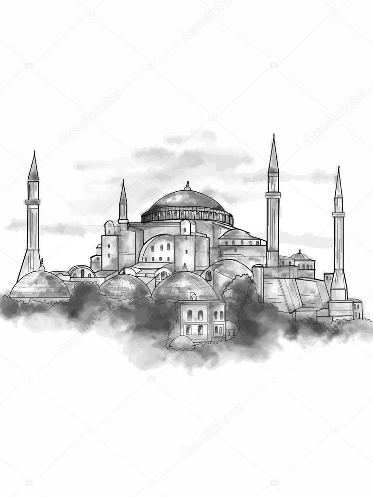 The Hagia Sophia - Ayasofya museum in Turkey illustration and text grey watercolor