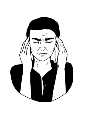 Bir baş ağrısı, adamım, yarım vücut çizimi, siyah beyaz renkler