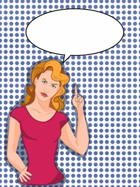 pop sanatı, karakterler, çizgi film kadını, işaret eden, konuşma balonu, mavi arka plan