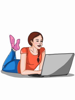Mutlu genç kız, oturuyor, dizüstü bilgisayar konuşma balonuyla arıyor.