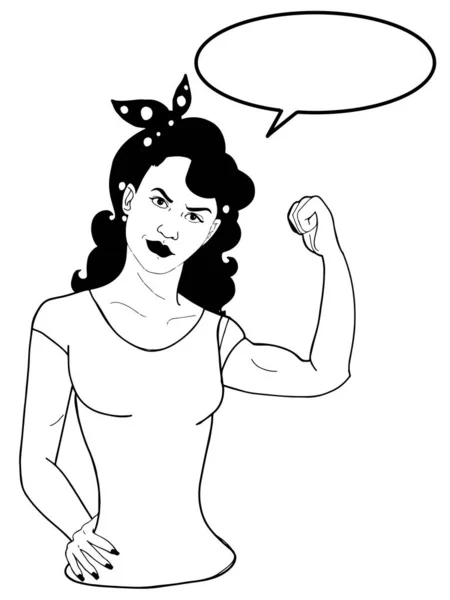 漫画ポップアート強い女性ダークヘアキャラクター強い腕ハーフボディスピーチバブルブラックホワイト — ストック写真