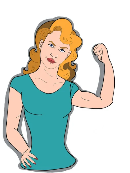漫画ポップアート強い女性ダークヘアキャラクター強い腕の半体スピーチバブル — ストック写真