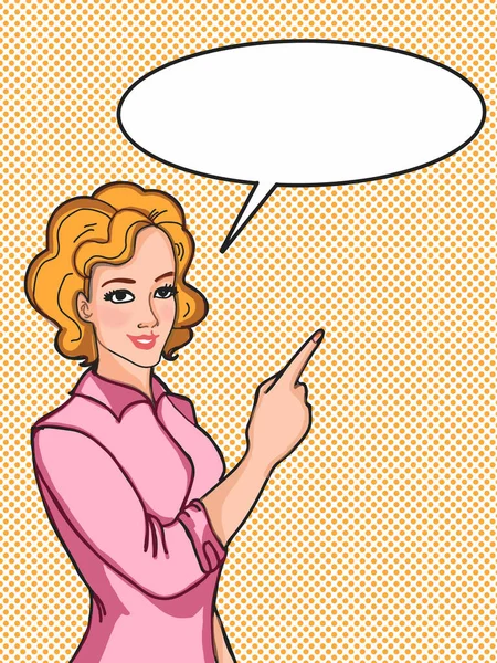 Cartoon Pop Art Woman Characters Illustration Pointing Speech Bubble Orange — Stock Photo, Image