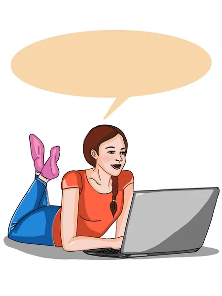 Szczęśliwy Młody Dziewczyna Siedzi Wyszukiwanie Bańki Mowy Laptopa — Zdjęcie stockowe