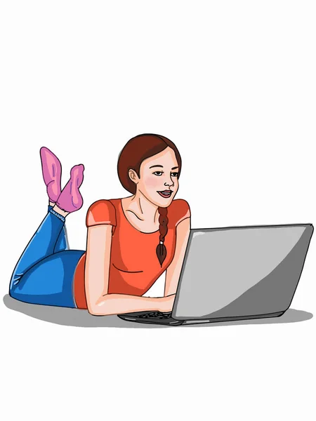 Feliz Jovem Menina Sentado Procurando Com Bolha Fala Laptop — Fotografia de Stock