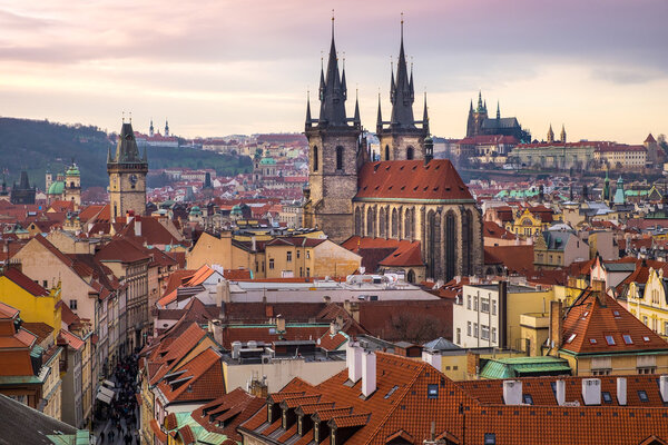Cityscape of Prague old town with beautiful towers and castle, Czech republic
