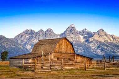 terk edilmiş ahır ve dağ silsilesi, grand teton manzara görünümü