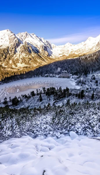 Vertikální panoramatický pohled zimní hory, jezera a Chalupa, S — Stock fotografie