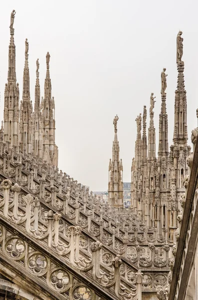 Vista vertical de esculturas de piedra en los tejados del Duomo Milano —  Fotos de Stock