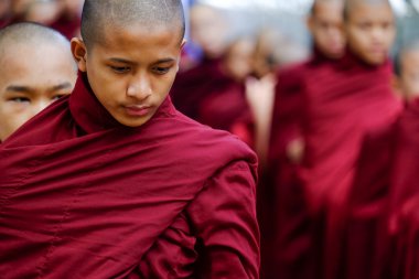 AMARAPURA, MYANMAR - JUNE 28, 2015: Buddhist monks queue for lun clipart