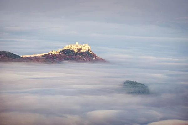 Schilderachtig uitzicht op Spis kasteel bij zonsopgang boven wolken, Slowakije — Stockfoto