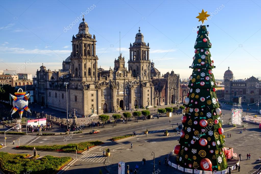 View of Zocalo, cathedral and Christmas tree in Mexico city Stock Photo