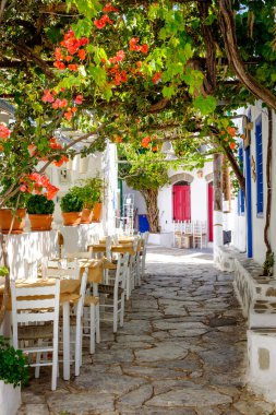 Güzel Akdeniz renkli sokak, Amorgos, Yunanistan