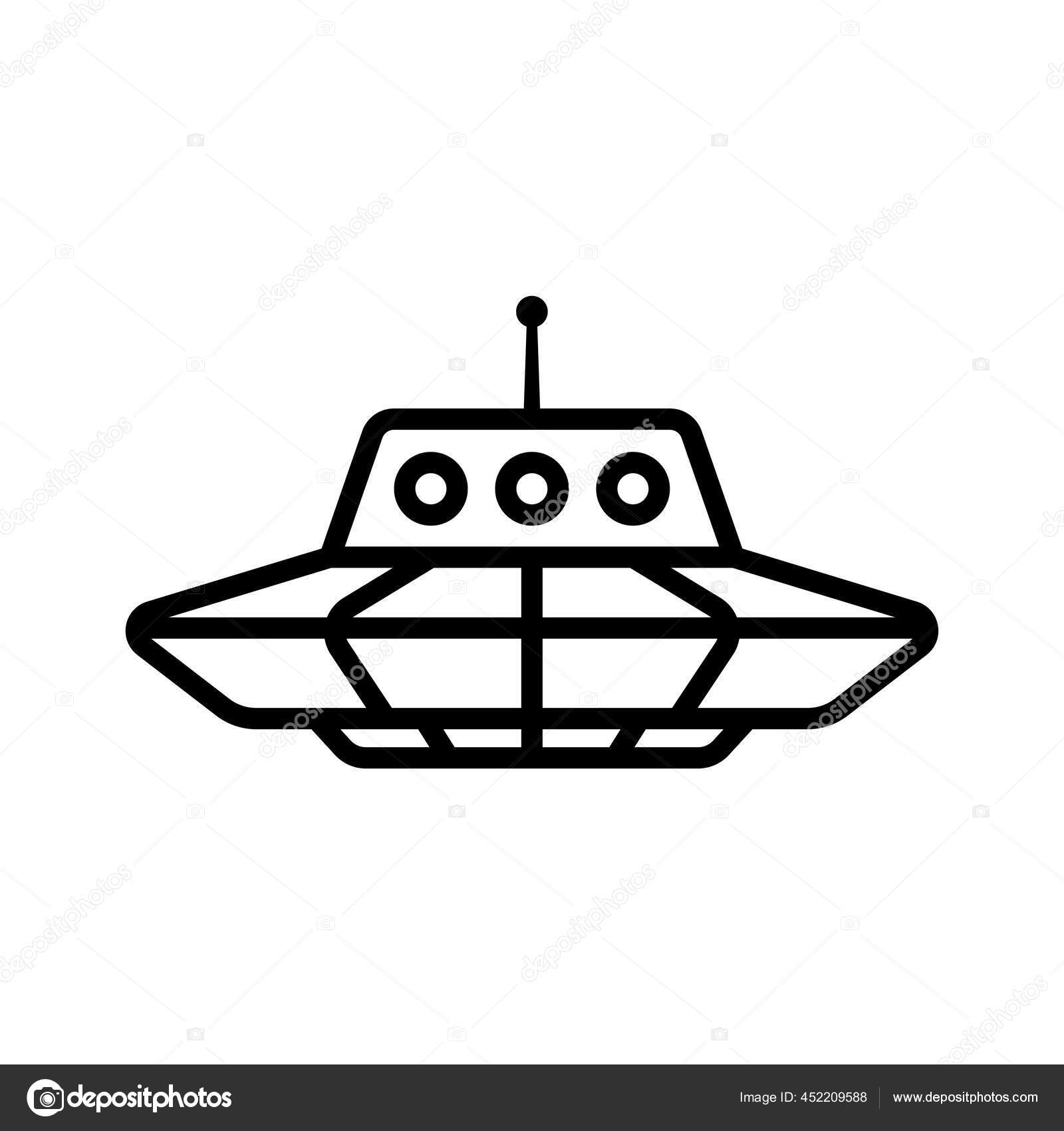 Ufoアイコン 空飛ぶ円盤 サイドビュー ブラックコンターリニアシルエット ベクトルフラットグラフィックイラスト 白い背景にある孤立した物体 ストックベクター C Far700