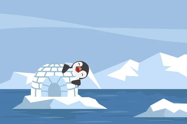 Északi Sark Sarkvidéki Pingvin Igloo Jégházzal — Stock Vector