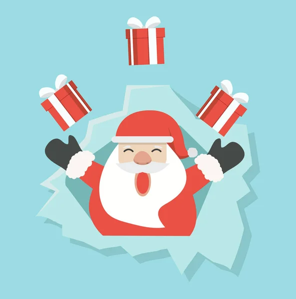 Père Noël Avec Cadeau Dans Trou Papier Déchiré — Image vectorielle