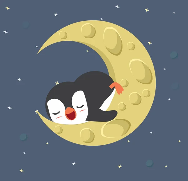 Pequeño Pingüino Duerme Con Luna Espacio — Archivo Imágenes Vectoriales