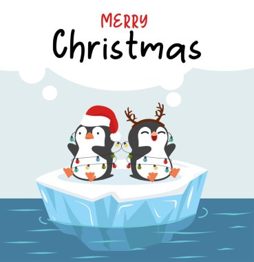 Küçük sevimli penguenler buzun üstünde Mutlu Noeller diliyor.