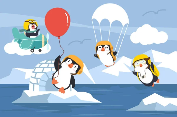 Északi Sark Pingvinekkel Égen — Stock Vector
