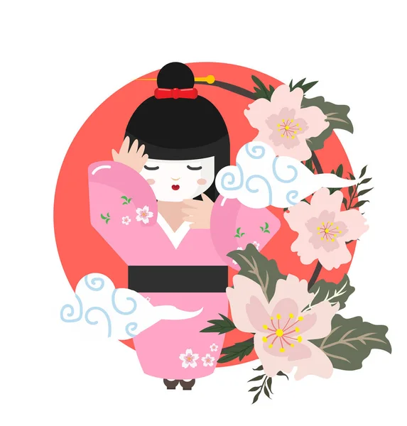 Söt Kawaii Japansk Flicka Med Blommor — Stock vektor