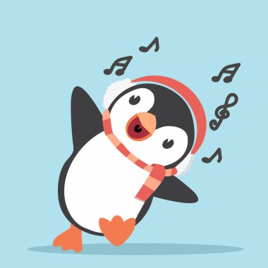 Eşarplı ve kulaklıklı sevimli penguen çizgi filmi