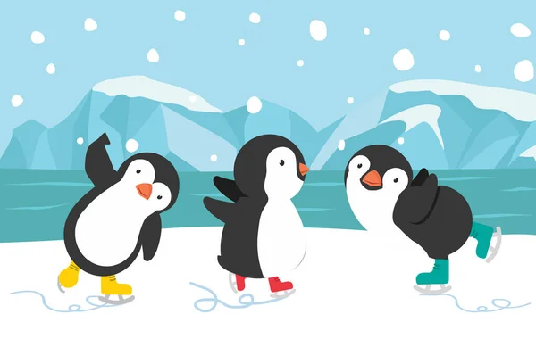 Feliz Pingüino Patines Hielo Fondo Dibujos Animados — Archivo Imágenes Vectoriales