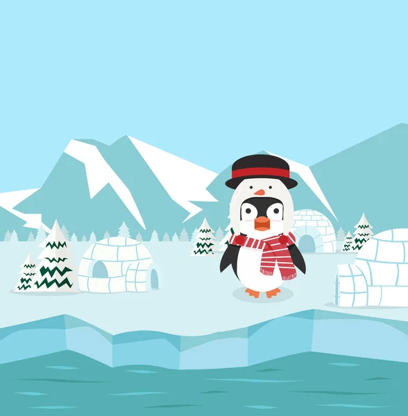 Pinguino Con Cappello Pupazzo Neve Con Polo Nord Artico Invernale — Vettoriale Stock