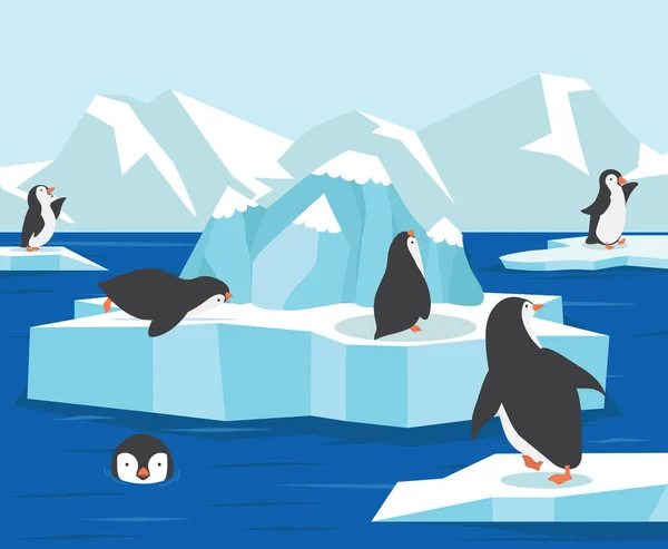 North Pole Antarctica Penguins Family Background — Stock Vector