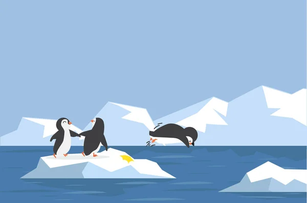 Polo Nord Pinguino Artico Ghiaccio Stanno Saltando Con Montagna Ghiaccio — Vettoriale Stock