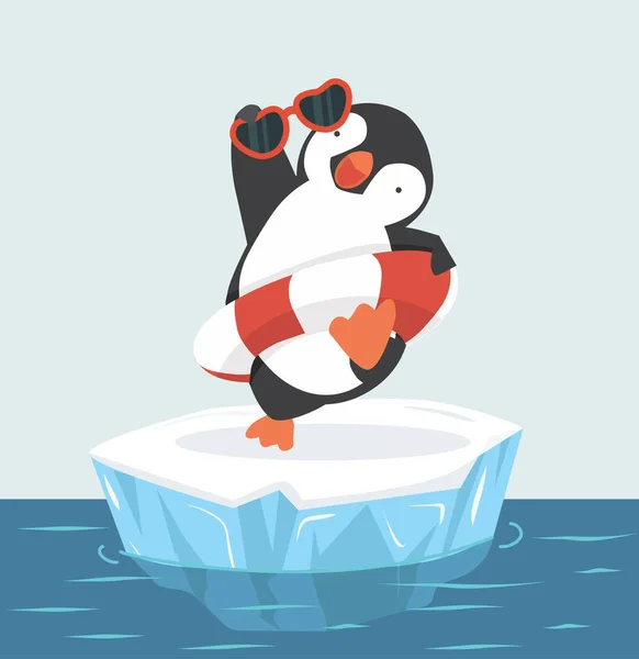 Aranyos Pingvin Felfújható Gyűrűvel Jégtáblán Vektor — Stock Vector