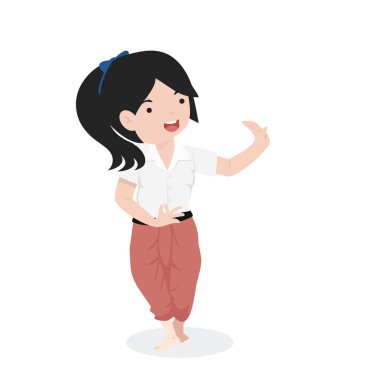 Taylandlı kız öğrenci kıyafeti geleneksel Tayland dansçısı çizgi filmi 