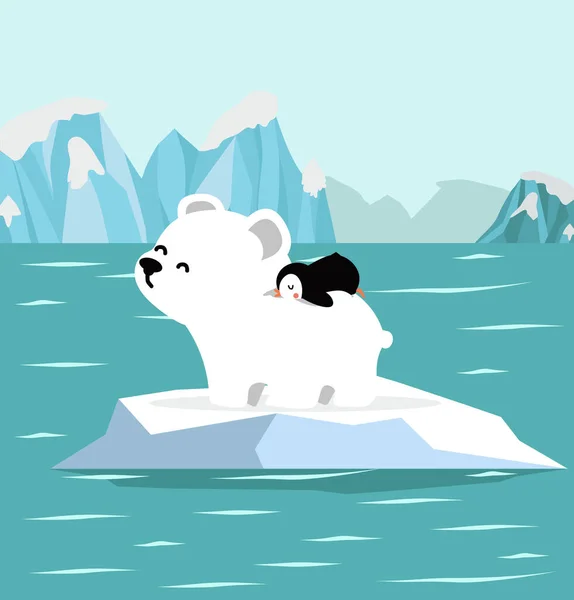 北極でホッキョクグマと寝るかわいいペンギン — ストックベクタ