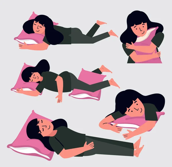 Κοιμωμένη Γυναίκα Αγκαλιάζει Ένα Σετ Μαξιλαριών — Διανυσματικό Αρχείο