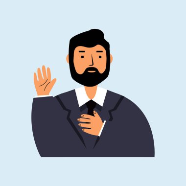 Businessman Making a Promise with hand on chest and open palm clipart
