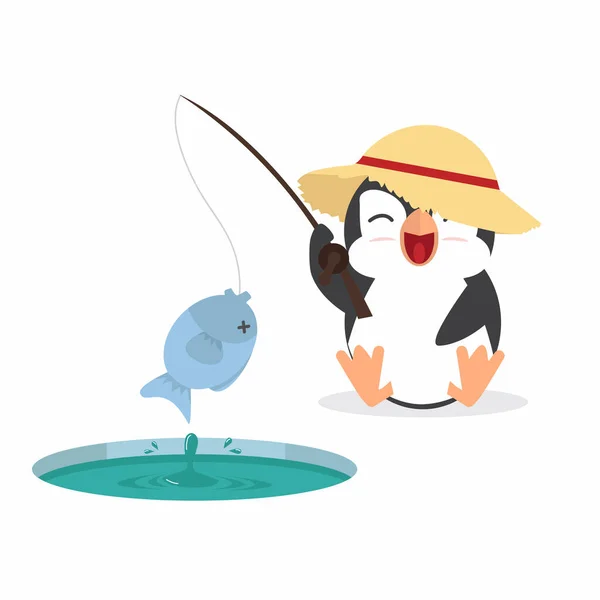 Pescador Pinguim Gordo Bonito Pescado — Vetor de Stock