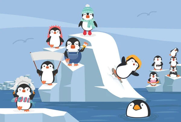 Set Cartoni Animati Pinguini Inverno Polo Nord Artico — Vettoriale Stock
